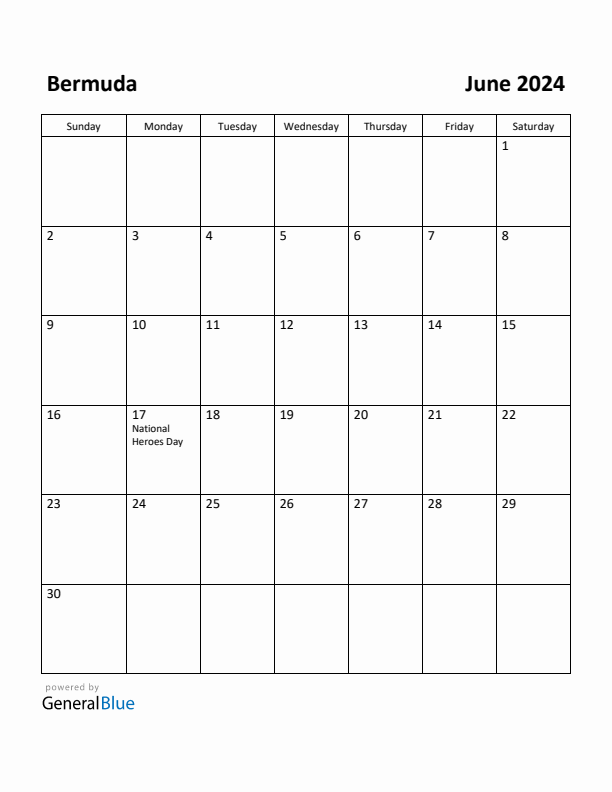 June 2024 Calendar with Bermuda Holidays