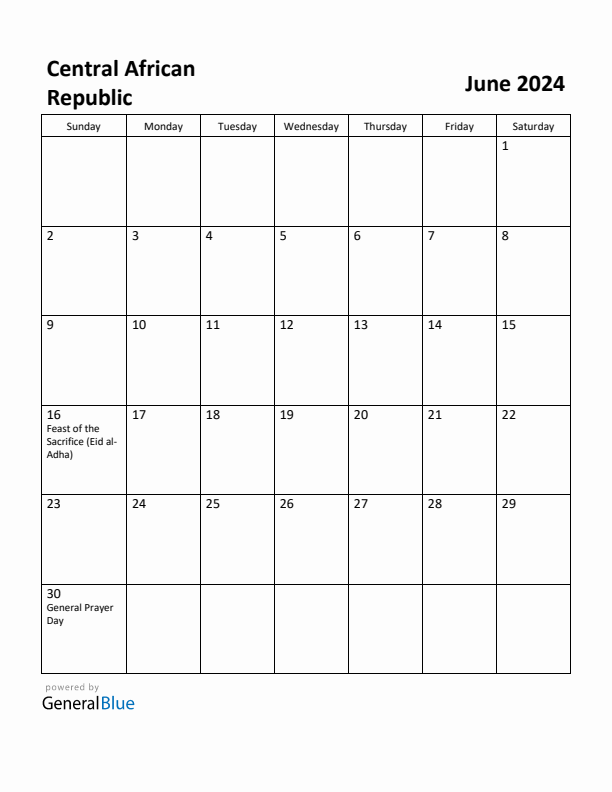 June 2024 Calendar with Central African Republic Holidays