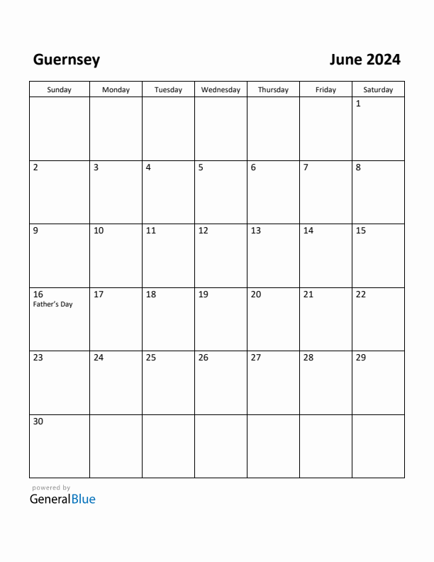 June 2024 Calendar with Guernsey Holidays