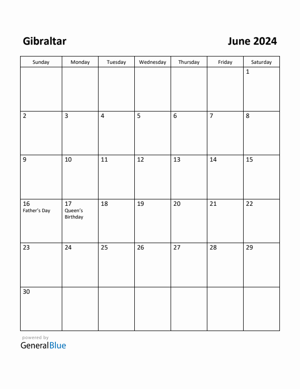 June 2024 Calendar with Gibraltar Holidays