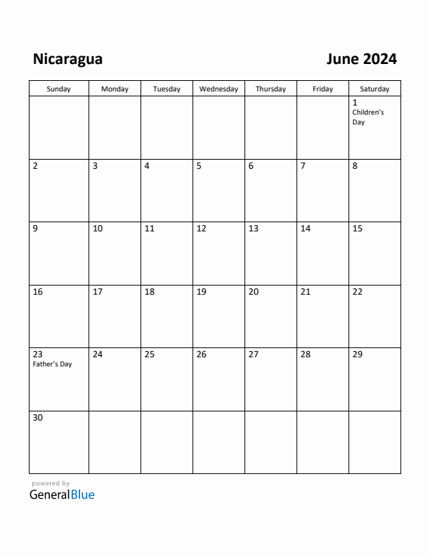 June 2024 Calendar with Nicaragua Holidays