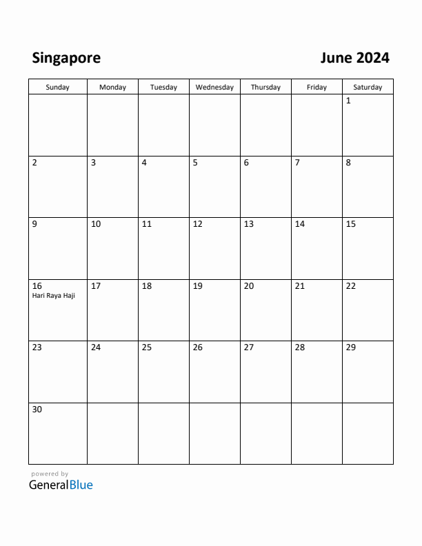 June 2024 Calendar with Singapore Holidays