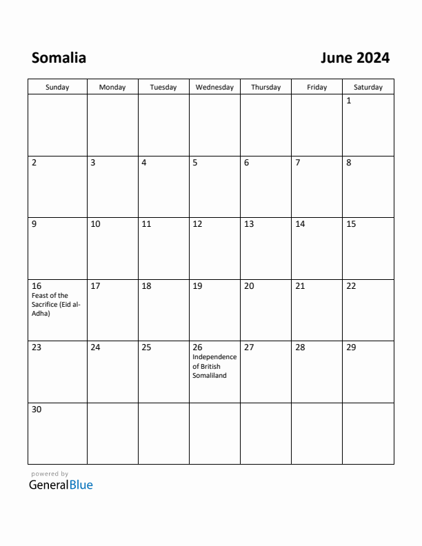 June 2024 Calendar with Somalia Holidays