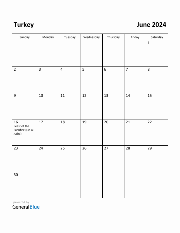 June 2024 Calendar with Turkey Holidays