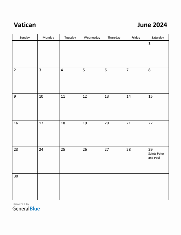 June 2024 Calendar with Vatican Holidays