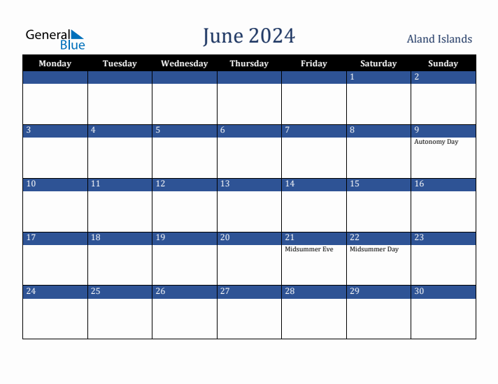 June 2024 Aland Islands Calendar (Monday Start)