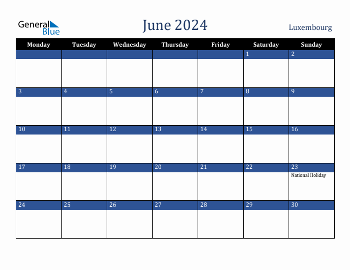 June 2024 Luxembourg Calendar (Monday Start)