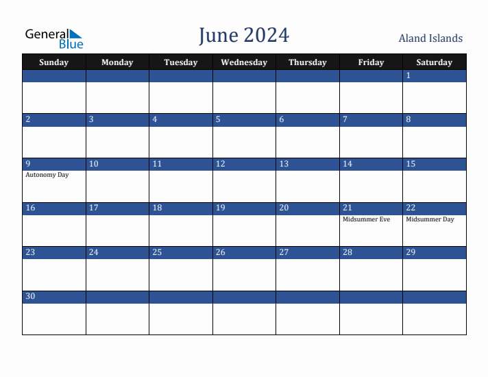 June 2024 Aland Islands Calendar (Sunday Start)