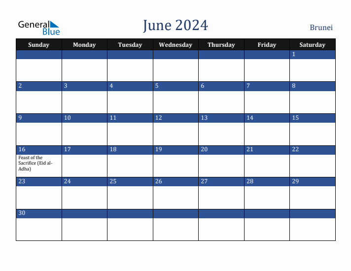 June 2024 Brunei Calendar (Sunday Start)