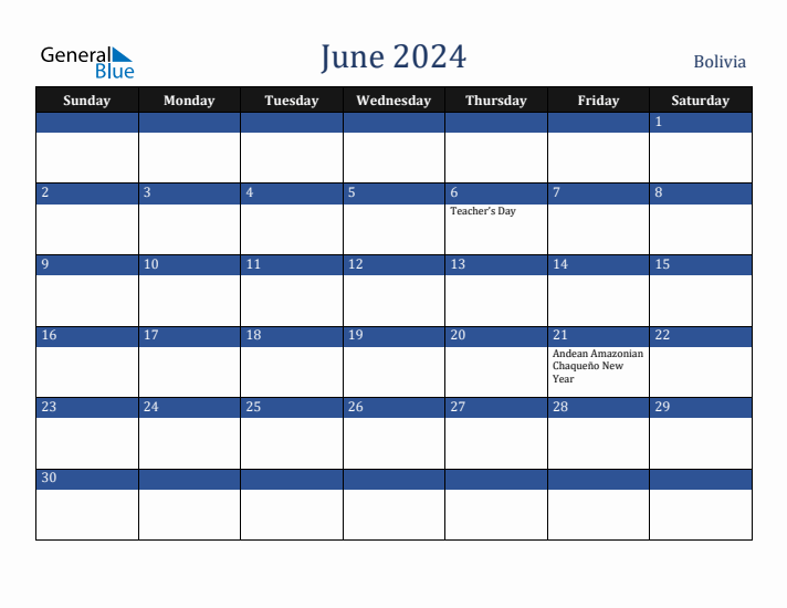 June 2024 Bolivia Calendar (Sunday Start)