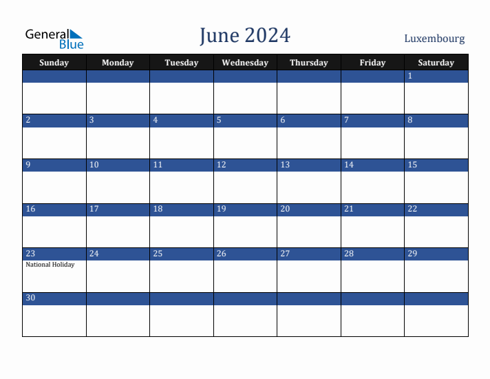 June 2024 Luxembourg Calendar (Sunday Start)