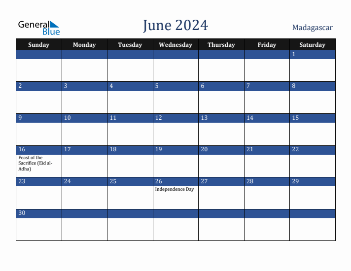 June 2024 Madagascar Calendar (Sunday Start)