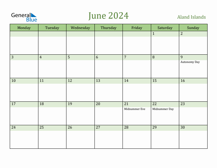 June 2024 Calendar with Aland Islands Holidays