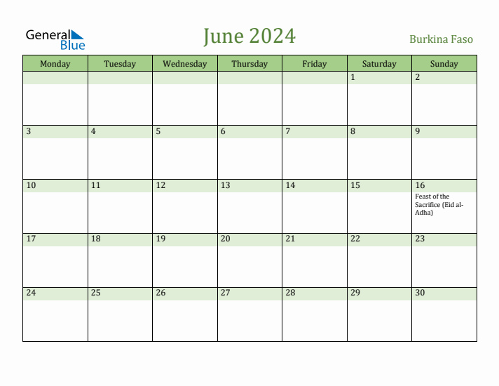 June 2024 Calendar with Burkina Faso Holidays