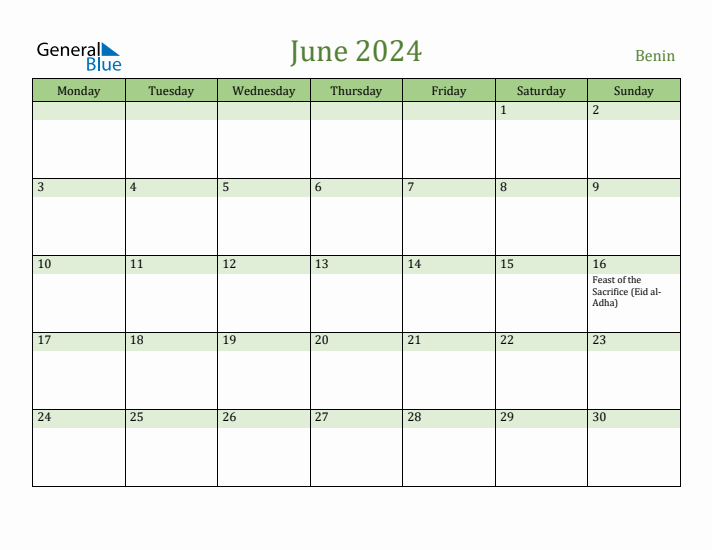 June 2024 Calendar with Benin Holidays