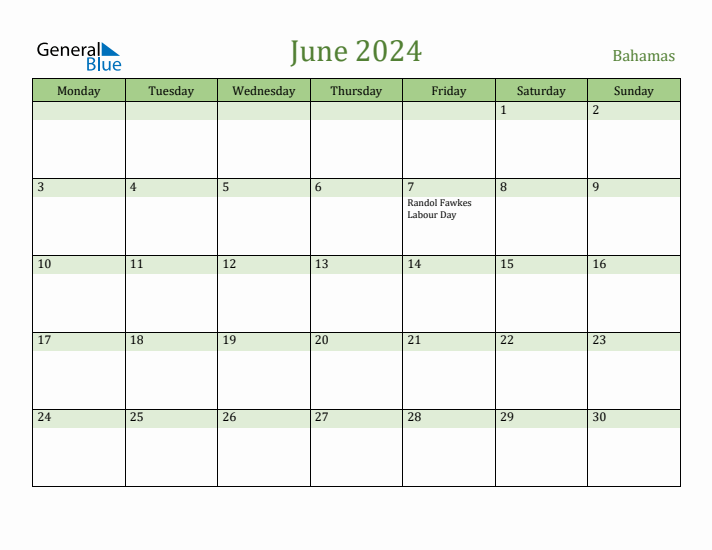 June 2024 Calendar with Bahamas Holidays