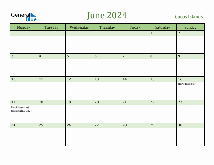 June 2024 Calendar with Cocos Islands Holidays