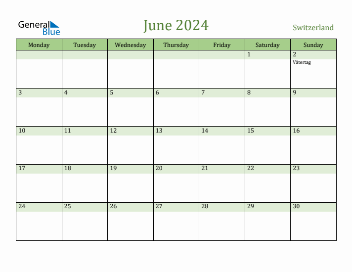 June 2024 Calendar with Switzerland Holidays