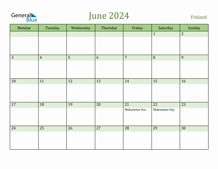 June 2024 Calendar with Finland Holidays