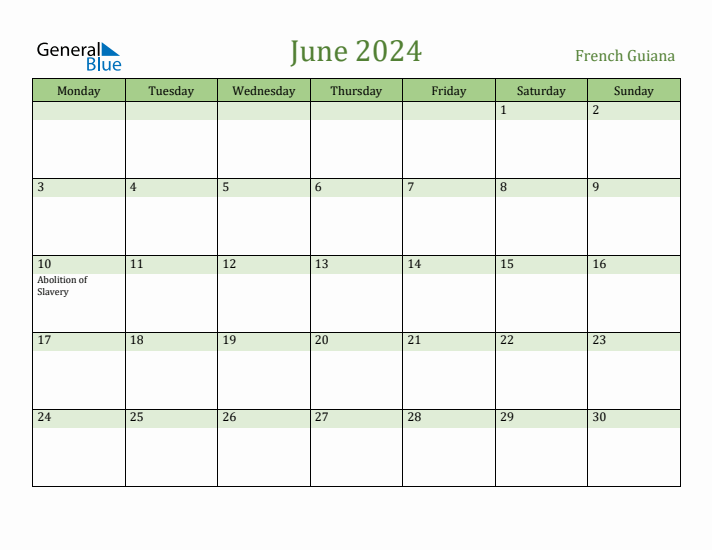 June 2024 Calendar with French Guiana Holidays