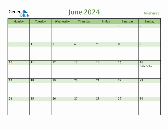 June 2024 Calendar with Guernsey Holidays