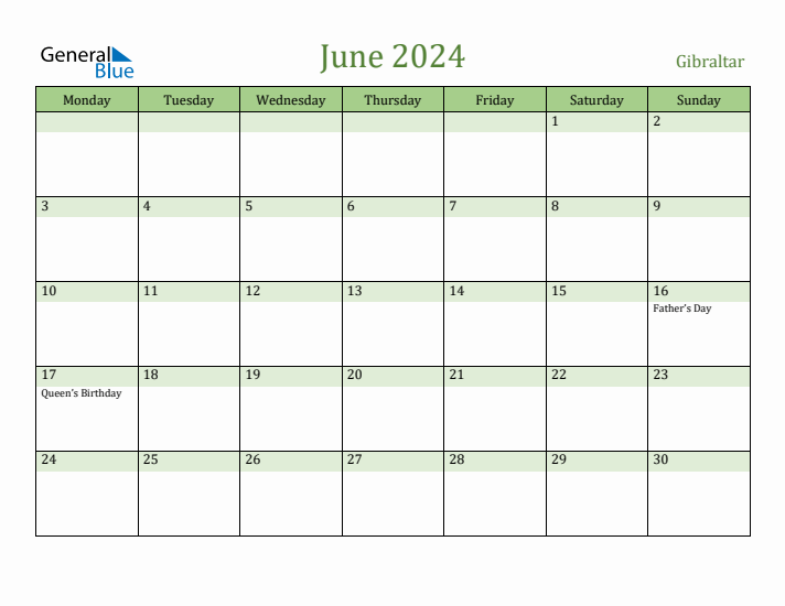 June 2024 Calendar with Gibraltar Holidays