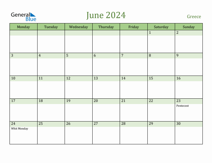 June 2024 Calendar with Greece Holidays