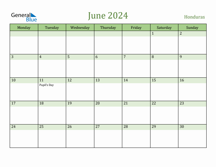 June 2024 Calendar with Honduras Holidays