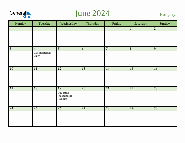 June 2024 Calendar with Hungary Holidays