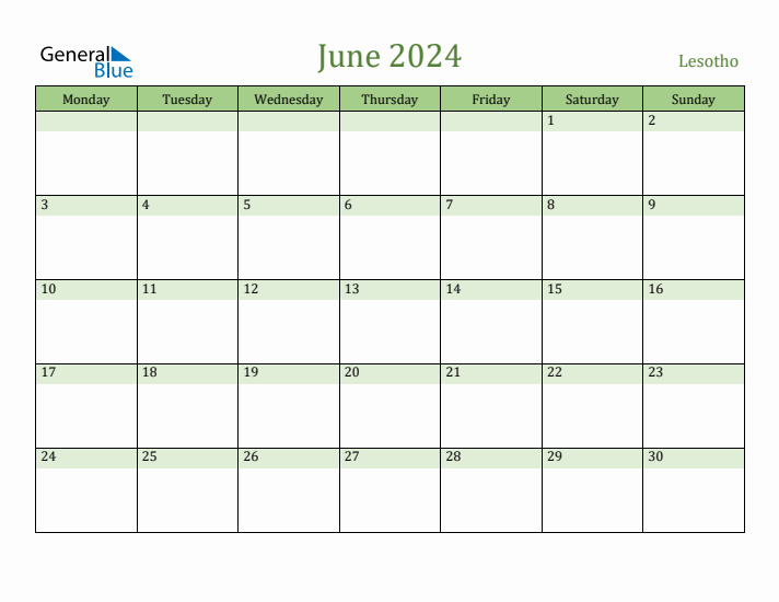 June 2024 Calendar with Lesotho Holidays