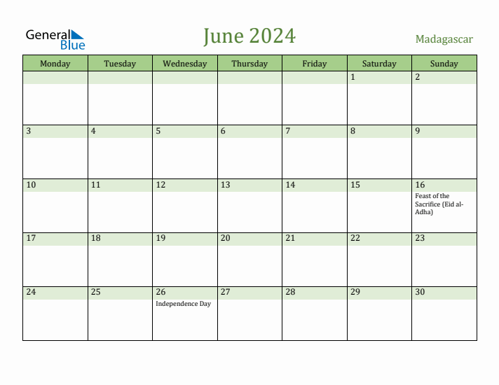 June 2024 Calendar with Madagascar Holidays