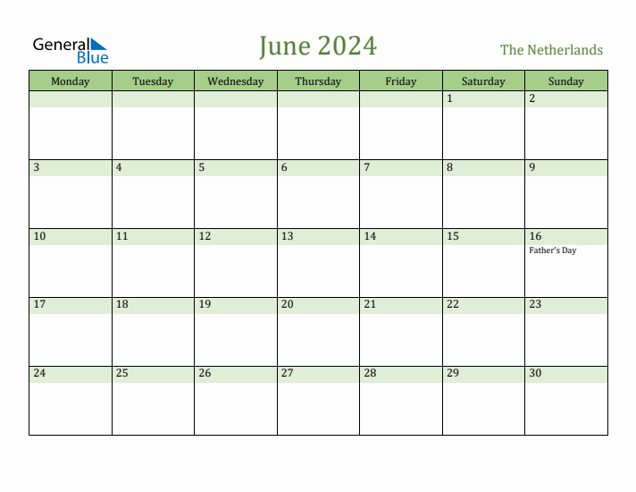 June 2024 Calendar with The Netherlands Holidays