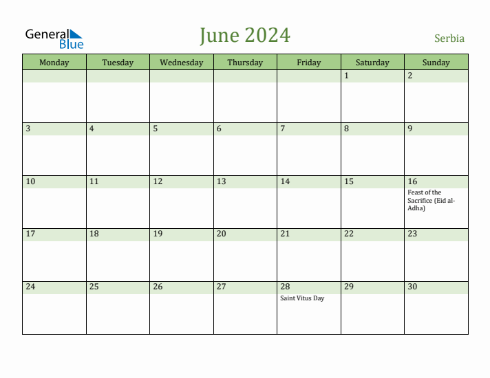 June 2024 Calendar with Serbia Holidays