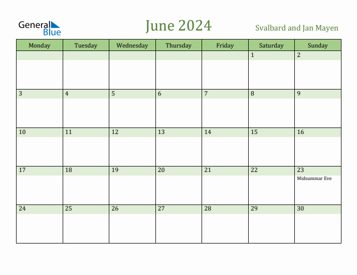 June 2024 Calendar with Svalbard and Jan Mayen Holidays