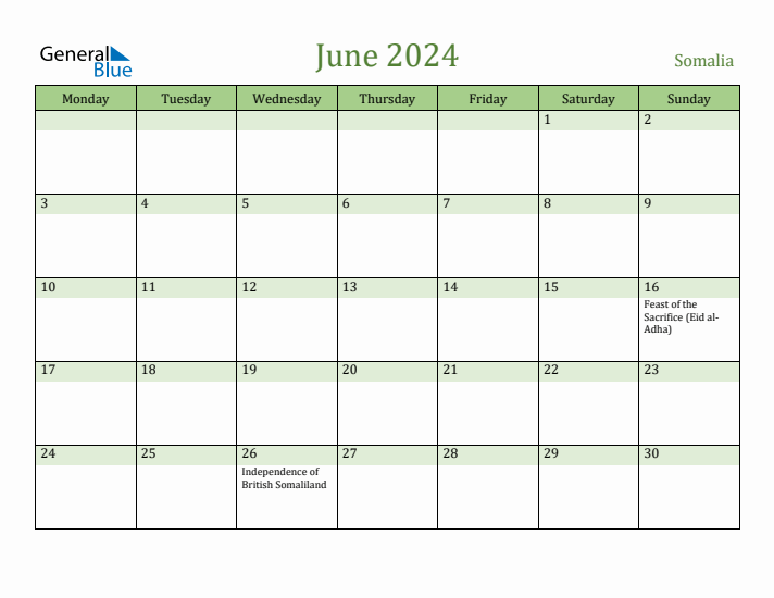 June 2024 Calendar with Somalia Holidays