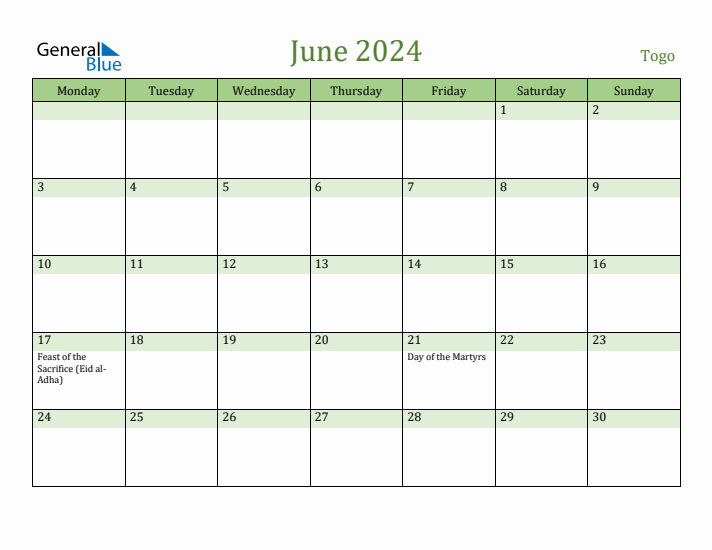 June 2024 Calendar with Togo Holidays