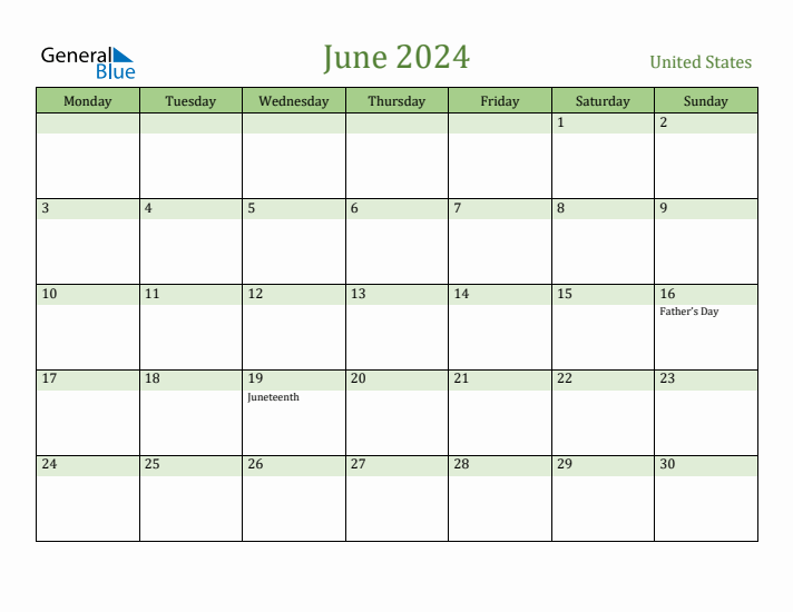 June 2024 Calendar with United States Holidays