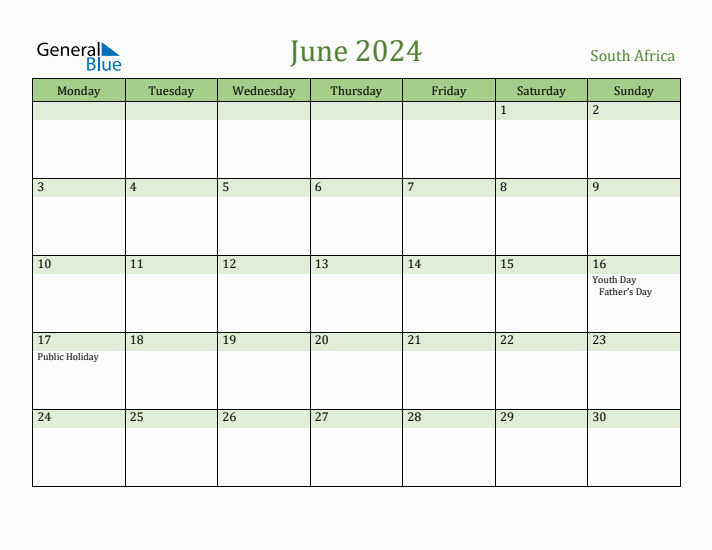 June 2024 Calendar with South Africa Holidays