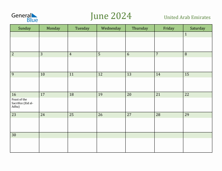 June 2024 Calendar with United Arab Emirates Holidays