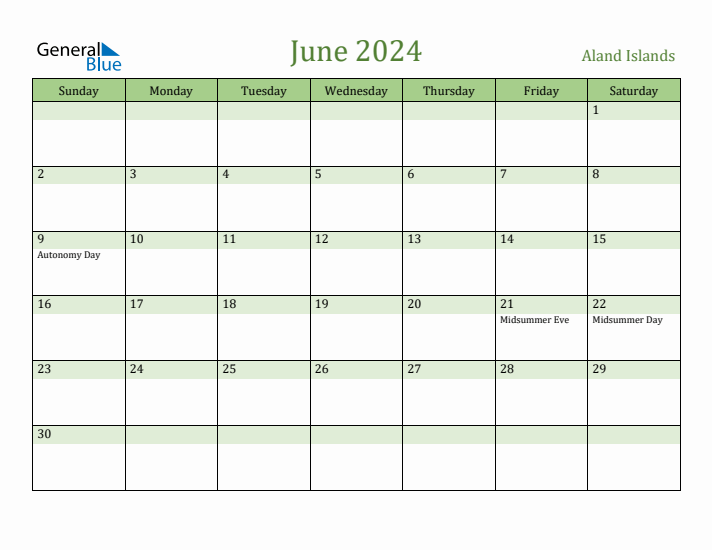 June 2024 Calendar with Aland Islands Holidays