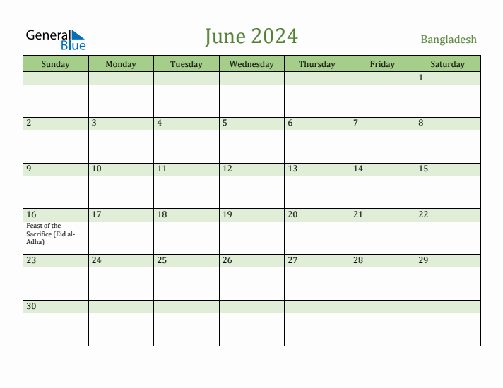 June 2024 Calendar with Bangladesh Holidays