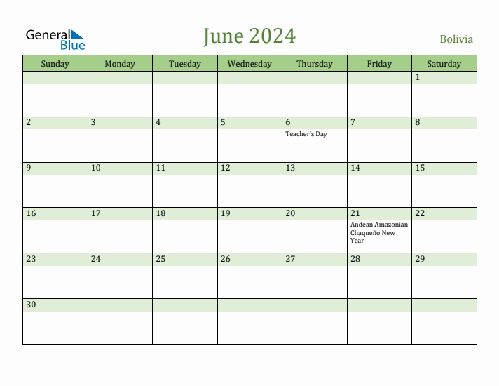 June 2024 Calendar with Bolivia Holidays