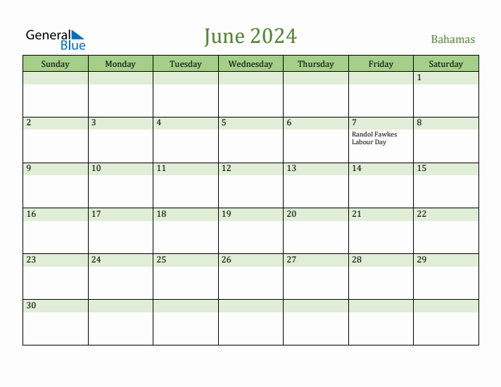 June 2024 Calendar with Bahamas Holidays