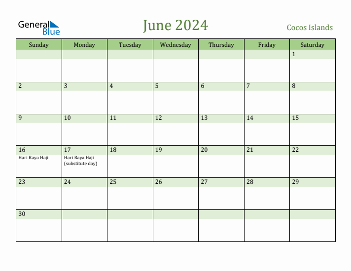 June 2024 Calendar with Cocos Islands Holidays