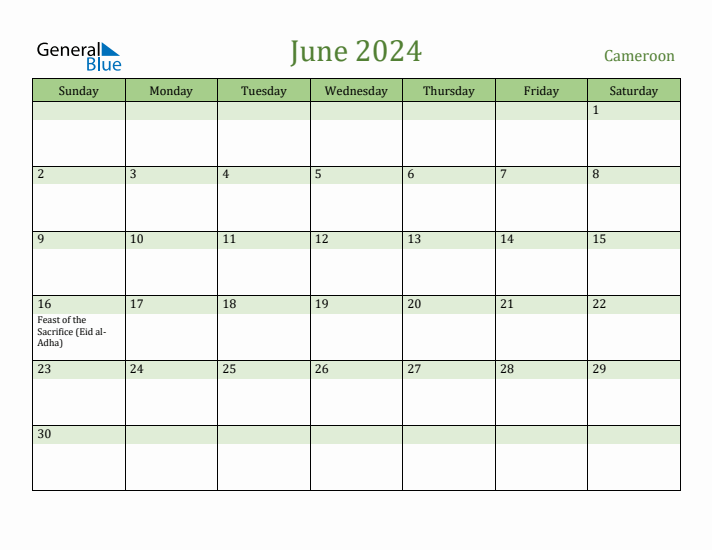 June 2024 Calendar with Cameroon Holidays