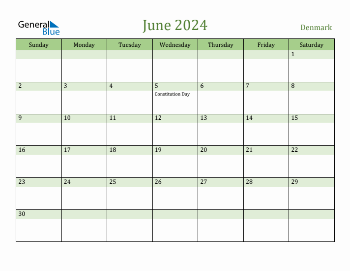 June 2024 Calendar with Denmark Holidays