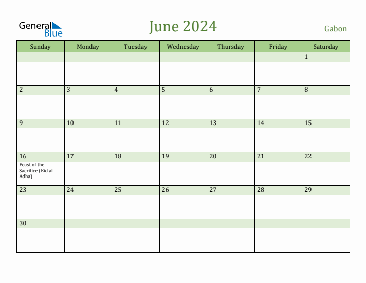 June 2024 Calendar with Gabon Holidays