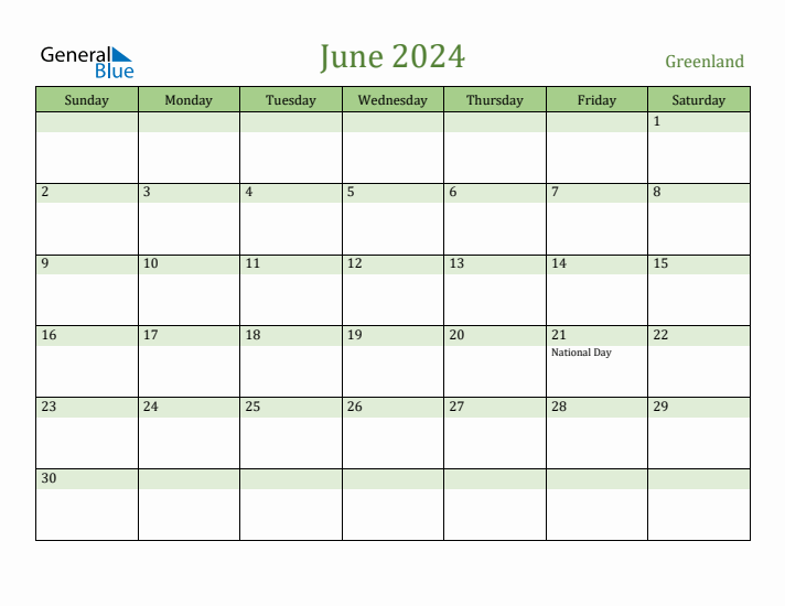 June 2024 Calendar with Greenland Holidays