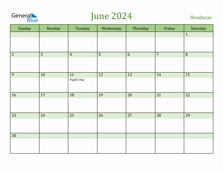 June 2024 Calendar with Honduras Holidays