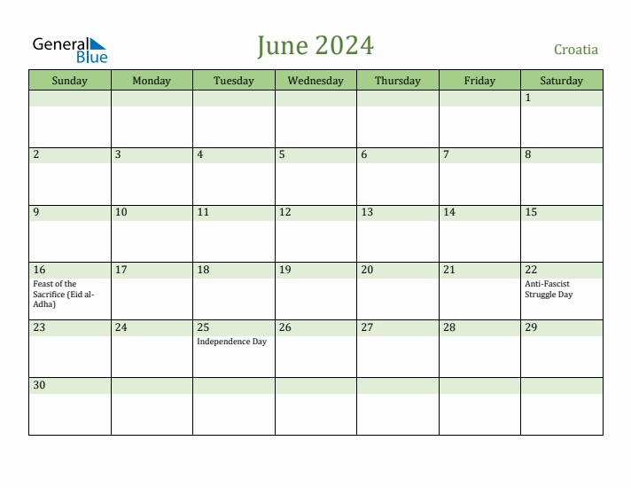 June 2024 Calendar with Croatia Holidays